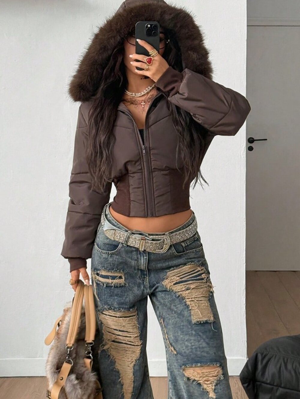 Brown Casual Women's Thermal Quilted Coat with Flannelette Hat